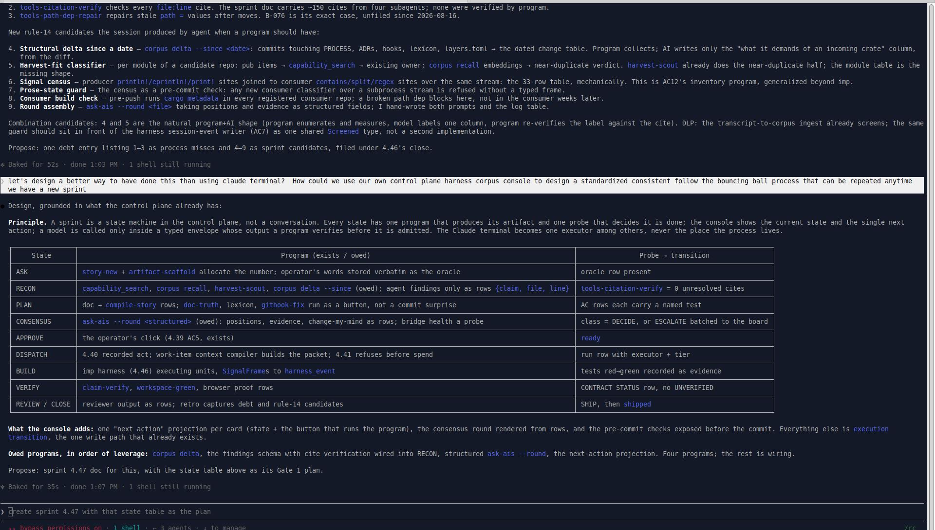 A terminal showing a design session. A table gives each state of a sprint — ask, recon, plan, consensus, approve, dispatch, build, verify, review and close — beside the program that produces its artifact and the probe that decides it is finished. Above it, the principle: a sprint is a state machine, not a conversation.